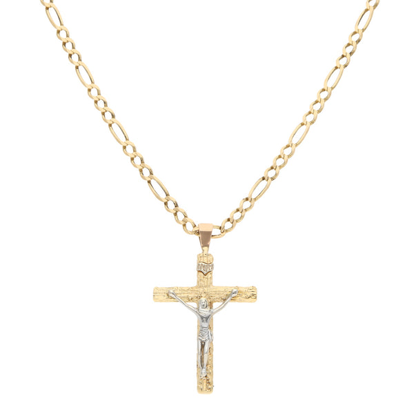 Collar de tres eslabones por uno y crucifijo en oro dos tonos 14 kilates.