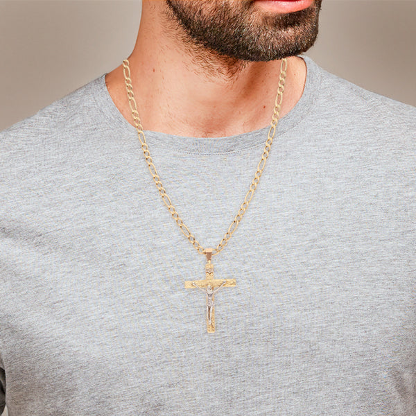 Collar de tres eslabones por uno y crucifijo en oro dos tonos 14 kilates.