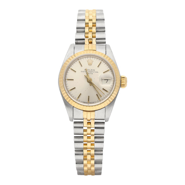 Reloj Rolex para dama modelo Oyster Perpetual Date vistas en oro amarillo 18 kilates.