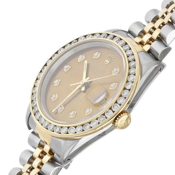 Reloj Rolex para caballero modelo Oyster Perpetual Date vistas en oro amarillo 18 kilates.