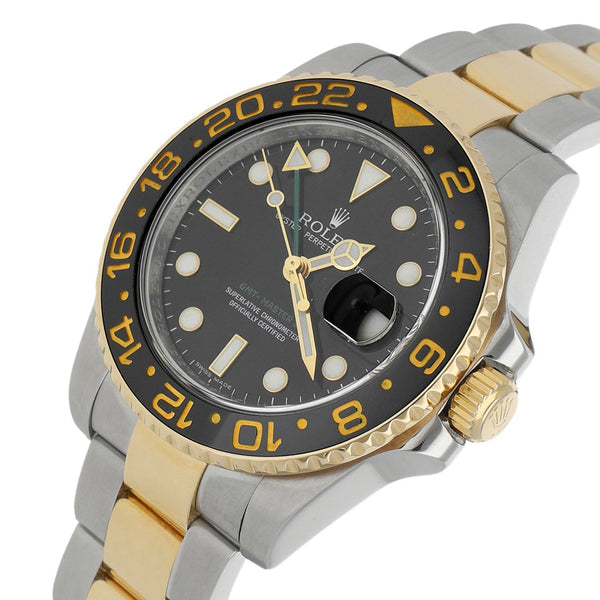 Reloj Rolex para caballero modelo Oyster Perpetual Date GMT Master II vistas en oro amarillo 18 kilates.