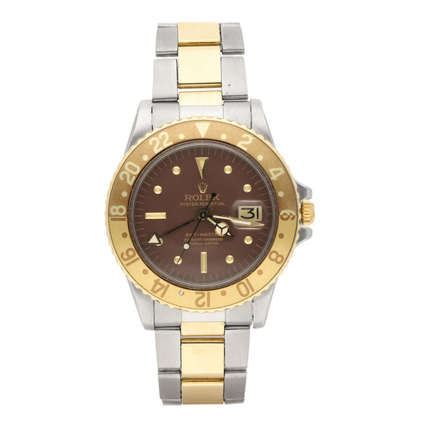 Reloj Rolex para caballero modelo Oyster Perpetual GMT-Master vistas oro amarillo 14 kilates.