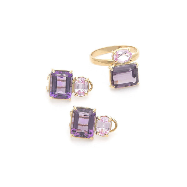 Juego de anillo y aretes diseño especial con amatista y rosa de Francia en oro amarillo 14 kilates.