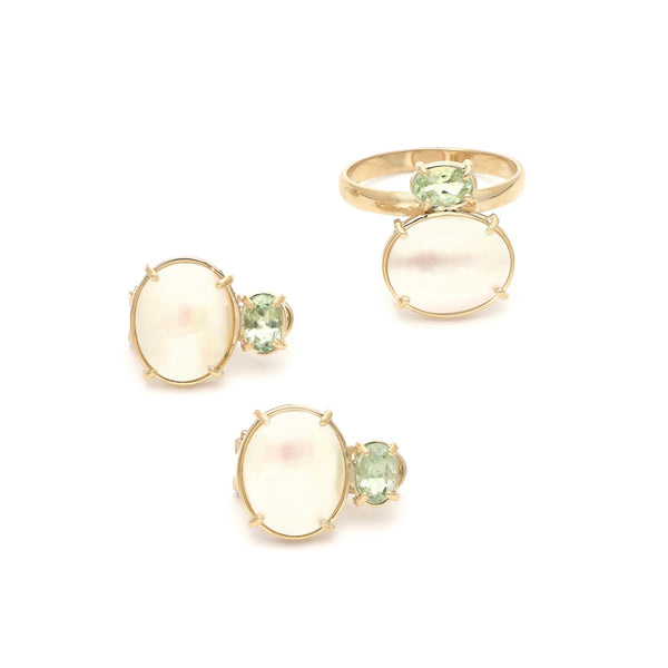 Juego de anillo y aretes diseño especial con perla y turmalina en oro amarillo 14 kilates.