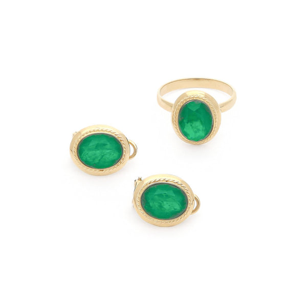 Juego anillo y aretes estriados con cuarzos en oro amarillo 14 kilates.