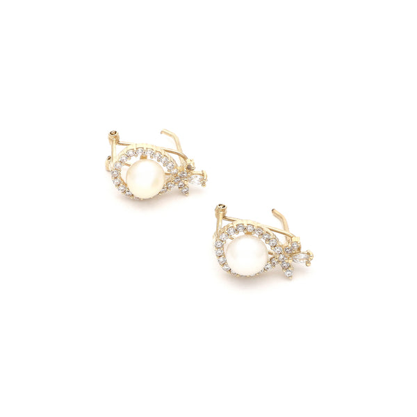 Aretes diseño especial con perla y circonias en oro amarillo 14 kilates.