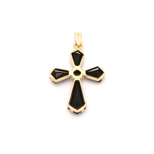 Cruz diseño especial con ónix en oro amarillo 14 kilates.