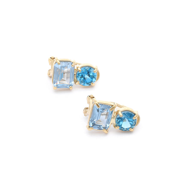 Aretes diseño especial con aguamarinas y topacios en oro amarillo 14 kilates.