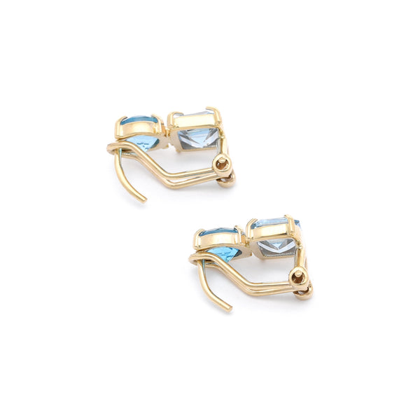 Aretes diseño especial con aguamarinas y topacios en oro amarillo 14 kilates.