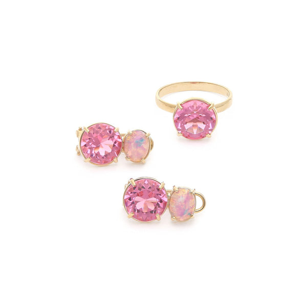 Juego anillo y aretes diseño especial con ópalo y rosa de Francia en oro amarillo 14 kilates.