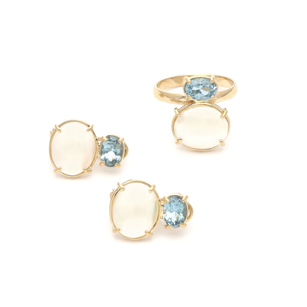 Juego de anillo y aretes diseño especial con aguamarinas y perlas en oro amarillo 14 kilates.