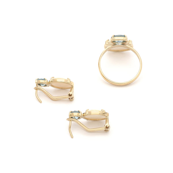 Juego de anillo y aretes diseño especial con aguamarinas y perlas en oro amarillo 14 kilates.