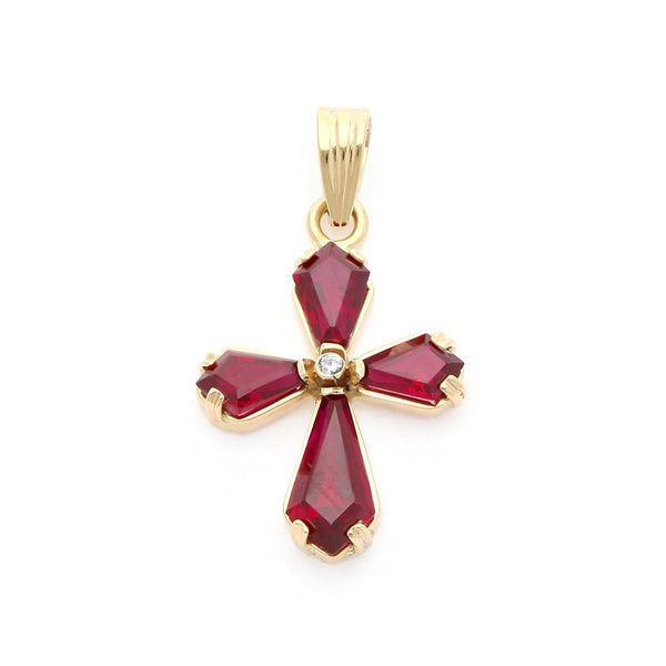 Cruz diseño especial con rubíes y circonia en oro amarillo 14 kilates.