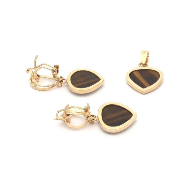 Juego de dije y aretes diseño especial con ojo de tigre y circonias en oro amarillo 14 kilates.