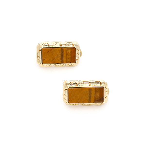 Aretes calados con ojo de tigre en oro amarillo 14 kilates