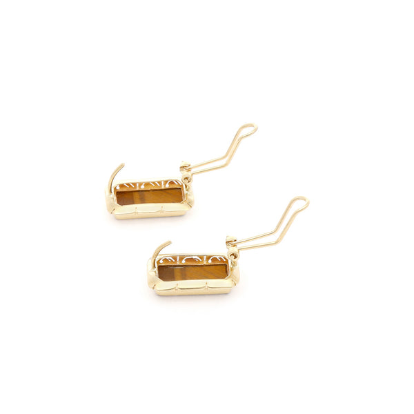Aretes calados con ojo de tigre en oro amarillo 14 kilates