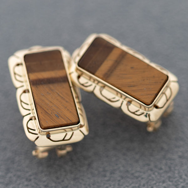Aretes calados con ojo de tigre en oro amarillo 14 kilates