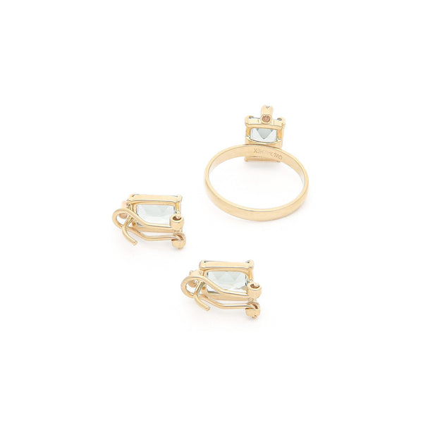 Juego de anillo y aretes diseño especial con obsidiana y circonias en oro amarillo 14 kilates.