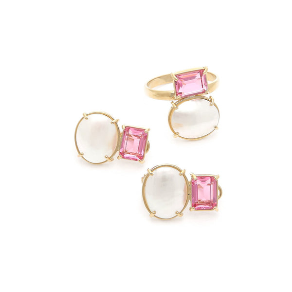 Juego de anillo y aretes diseño especial con perlas y rosa de Francia en oro amarillo 14 kilates.
