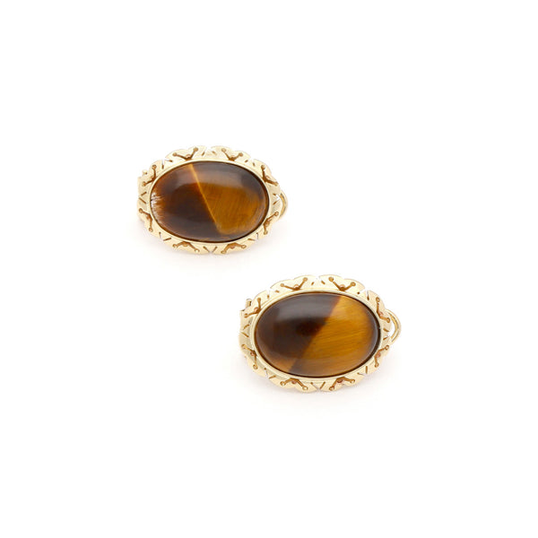 Aretes calados con ojo de tigre en oro amarillo 14 kilates.