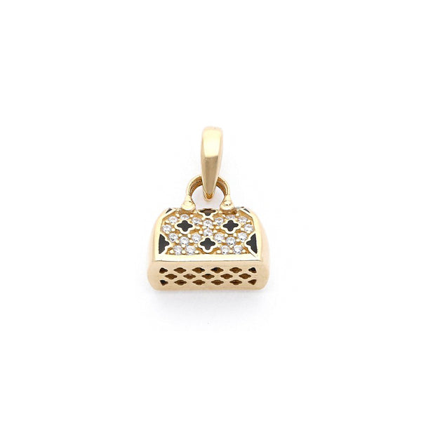 Dije diseño especial con circonias y esmalte motivo bolso en oro amarillo 14 kilates.