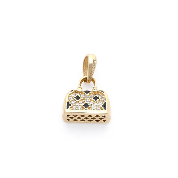 Dije diseño especial con circonias y esmalte motivo bolso en oro amarillo 14 kilates.