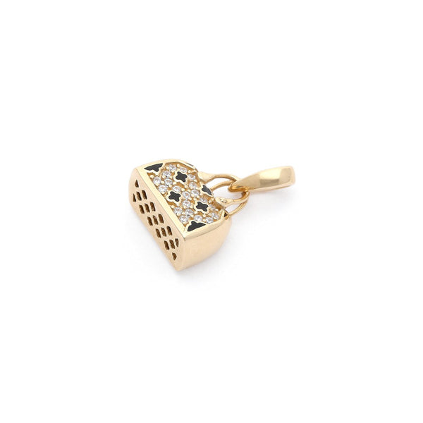 Dije diseño especial con circonias y esmalte motivo bolso en oro amarillo 14 kilates.