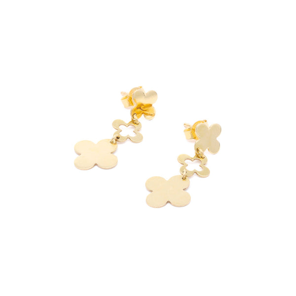 Aretes lisos con colgantes motivo flores en oro amarillo 14 kilates.