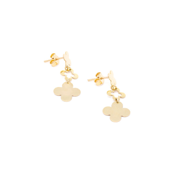 Aretes lisos con colgantes motivo flores en oro amarillo 14 kilates.