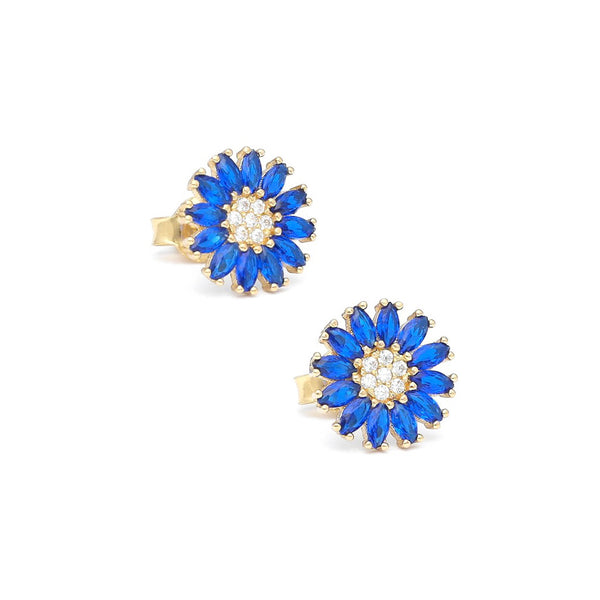 Aretes diseño especial con sintéticos motivo flor en oro amarillo 14 kilates.