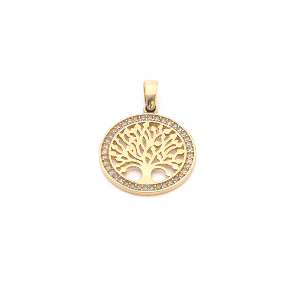 Dije calado motivo árbol con circonias en oro amarillo 14 kilates.