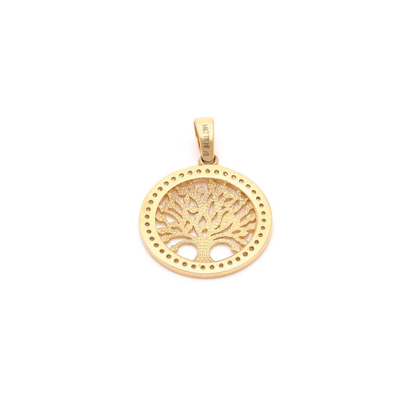 Dije calado motivo árbol con circonias en oro amarillo 14 kilates.
