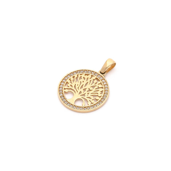 Dije calado motivo árbol con circonias en oro amarillo 14 kilates.