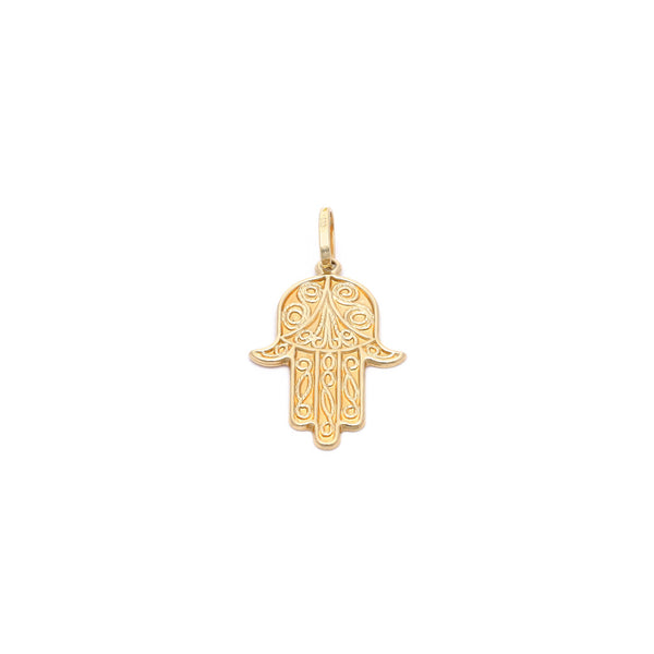 Dije diseño especial motivo mano de Fátima en oro amarillo 14 kilates.