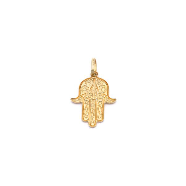 Dije diseño especial motivo mano de Fátima en oro amarillo 14 kilates.