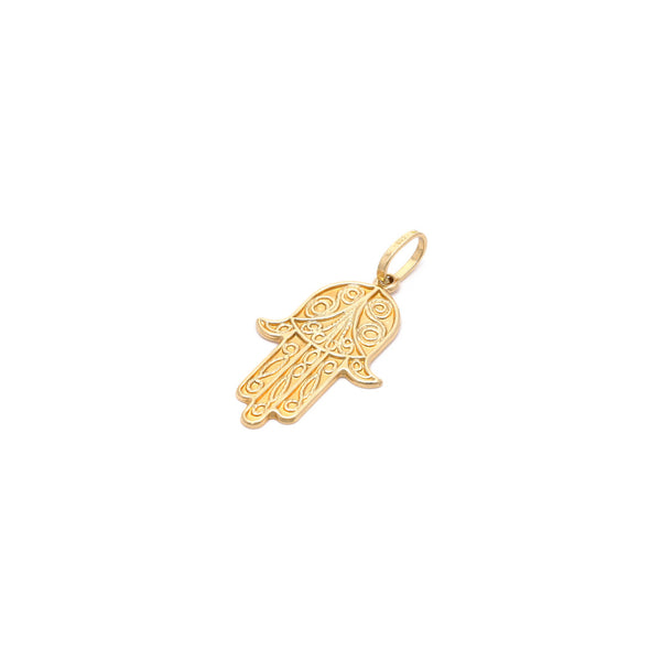 Dije diseño especial motivo mano de Fátima en oro amarillo 14 kilates.