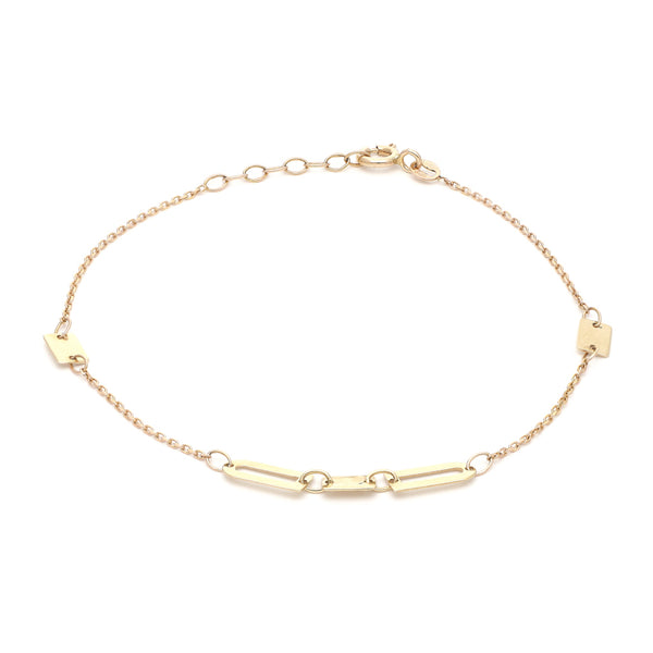 Pulsera eslabón cruzado con aplicaciones motivo rectángulo en oro amarillo 14 kilates.