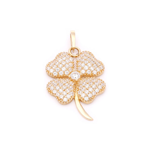 Dije diseño especial con circonias motivo trébol en oro amarillo 14 kilates.
