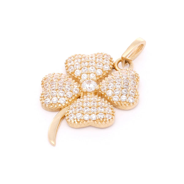Dije diseño especial con circonias motivo trébol en oro amarillo 14 kilates.