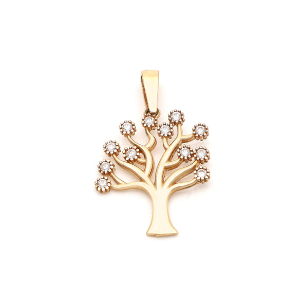 Dije diseño especial con circonias motivo árbol en oro amarillo 14 kilates.