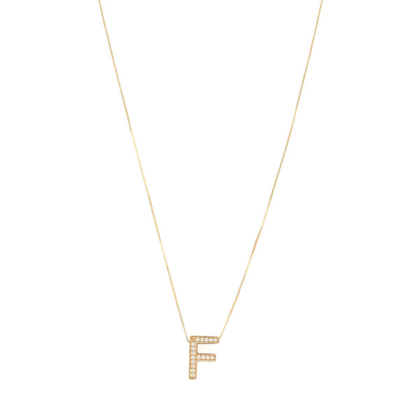 Gargantilla eslabón cuadrado cruzado con dije diseño especial motivo letra F con circonias en oro amarillo 14 kilates.