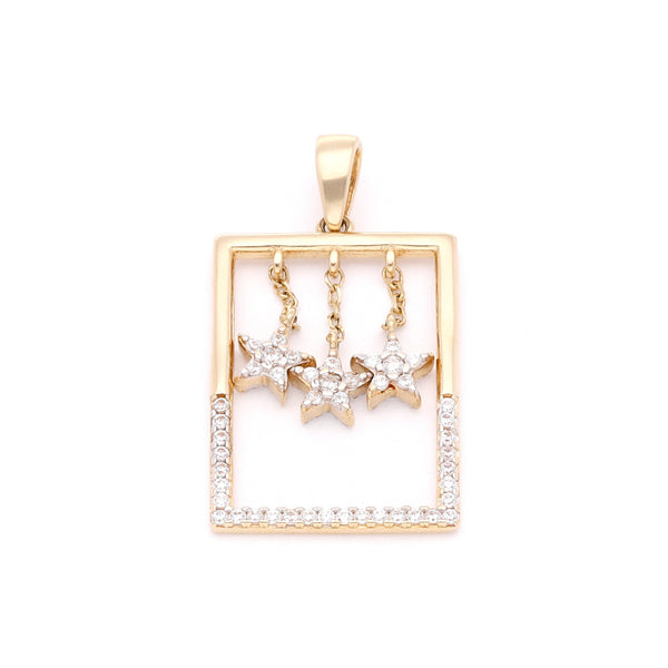 Dije diseño especial motivo estrellas con circonias en oro amarillo 14 kilates.