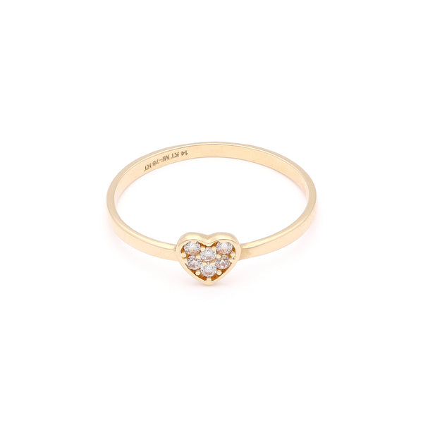 Anillo diseño especial con circonias motivo corazón en oro amarillo 14 kilates.