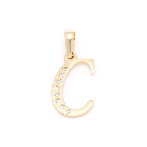 Dije diseño especial motivo letra C con circonias en oro amarillo 14 kilates.