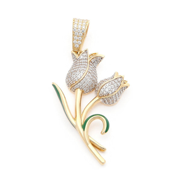 Dije diseño especial con circonias y esmalte motivo flores en oro amarillo 14 kilates.