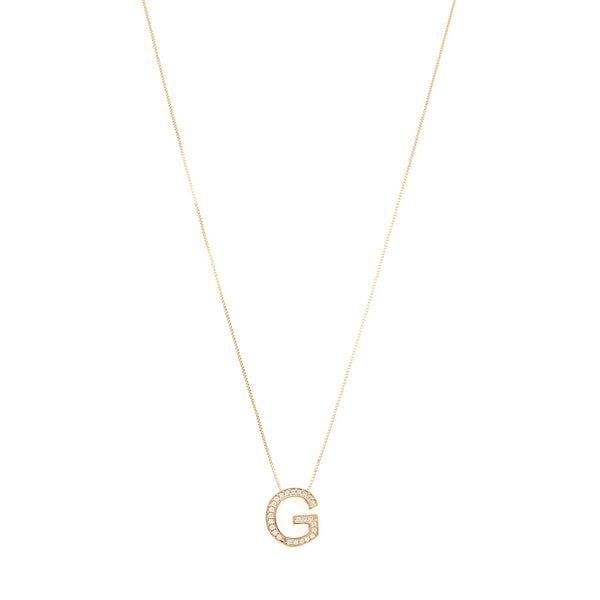 Gargantilla eslabón cuadrado cruzado con dije diseño especial motivo letra G con circonias en oro amarillo 14 kilates.