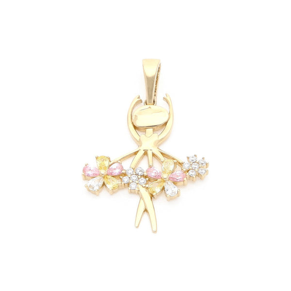 Dije diseño especial motivo bailarina con sintéticos en oro amarillo 14 kilates.