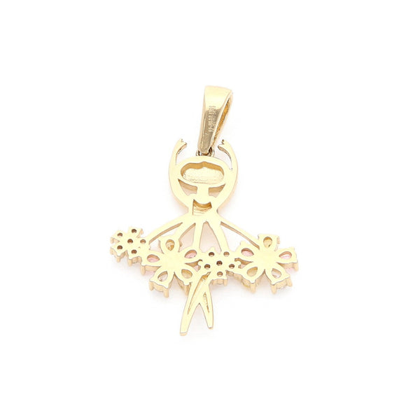 Dije diseño especial motivo bailarina con sintéticos en oro amarillo 14 kilates.