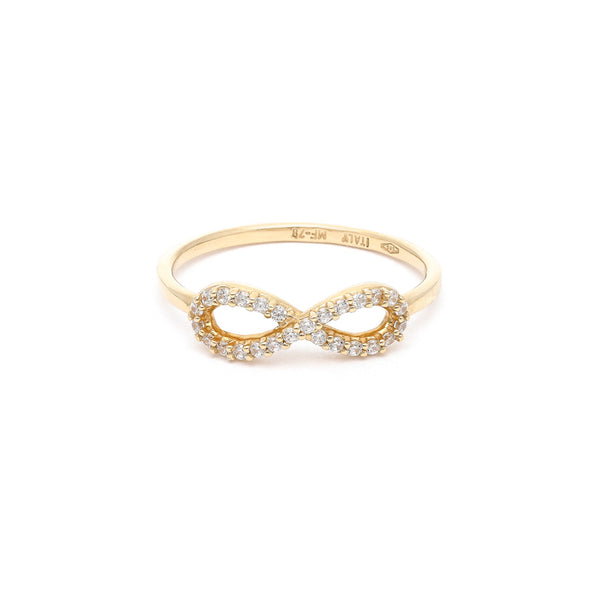 Anillo diseño especial con circonias motivo infinito en oro amarillo 14 kilates.
