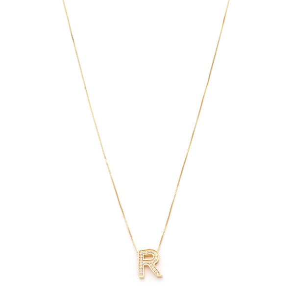 Gargantilla eslabón cuadrado cruzado con dije diseño especial motivo letra R con circonias en oro amarillo 14 kilates.